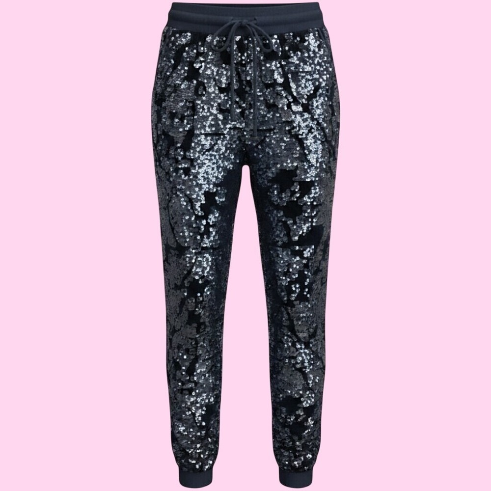 Ettwa by Anthropologie Sequin Joggers Navy Blue Drawstring Tassel Pants Medium